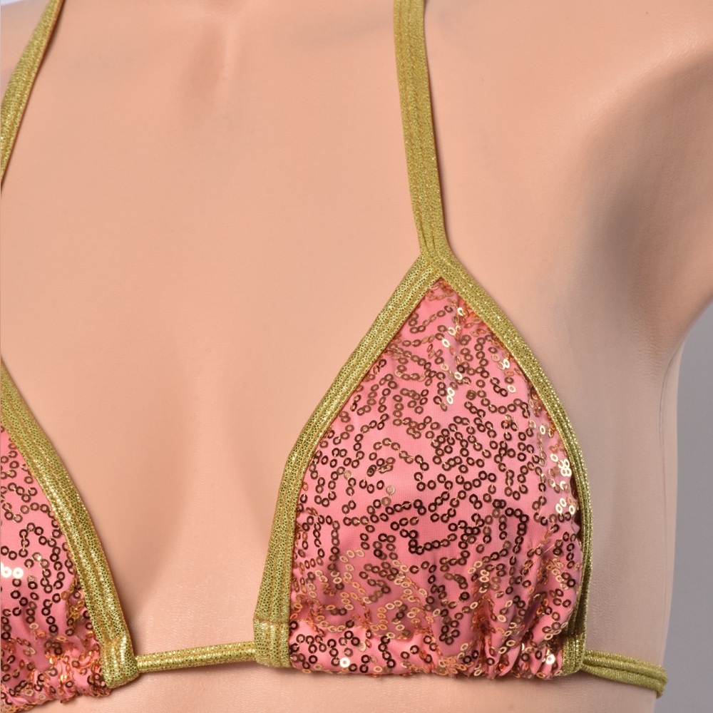 Pink Sequin Triangle Bikini Top with Gold Trim